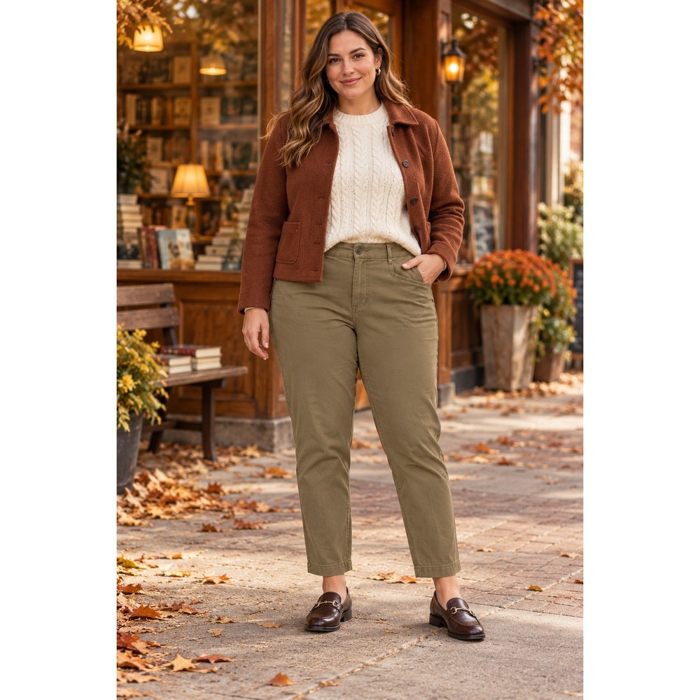 Women's 12 Short Olive Green Cropped Chino Pants Stretch Cotton Business Casual